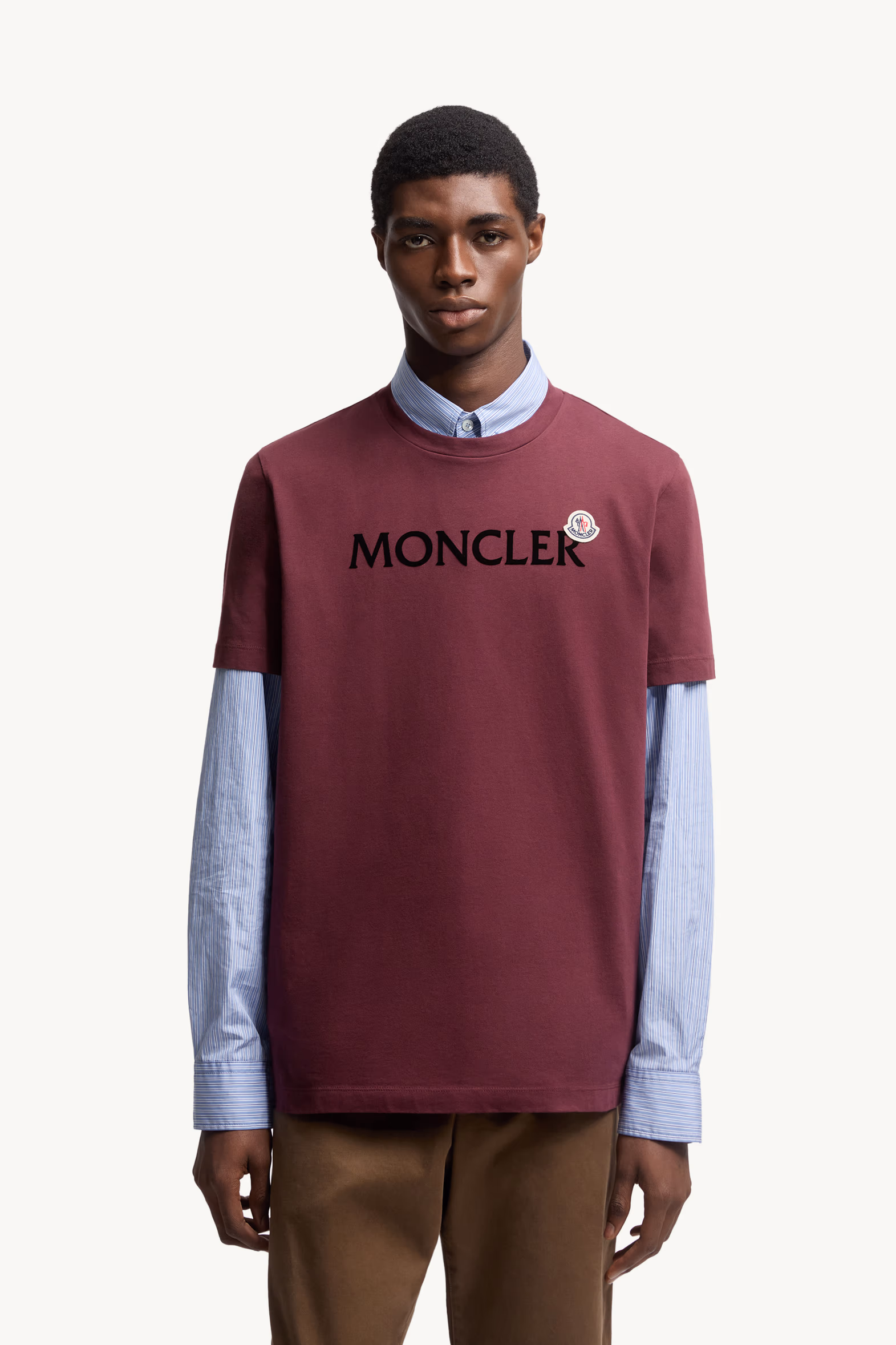 Flocked Logo Cotton T-Shirt Men Burgundy Moncler 3